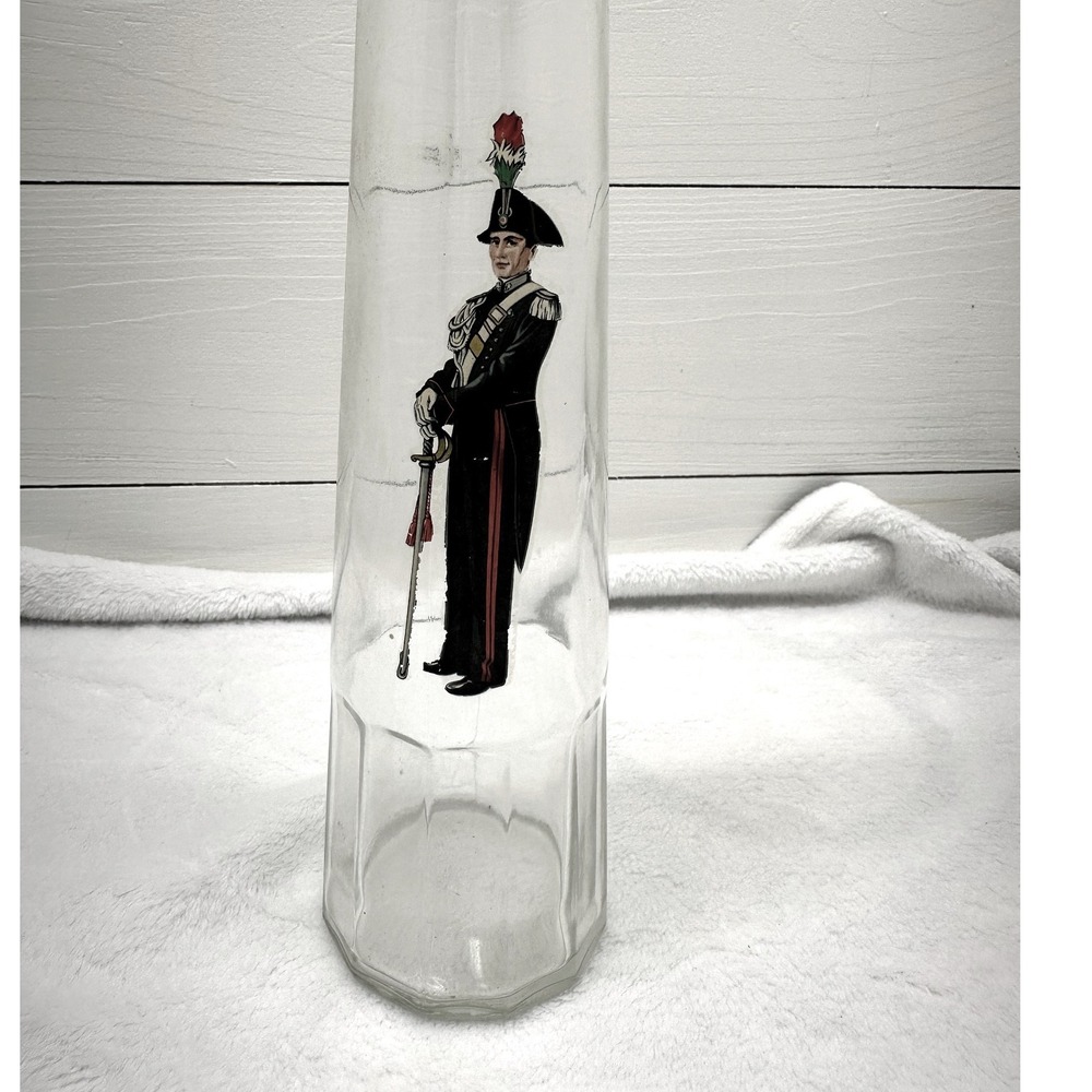Bolaro Glass Decanter Italy Clear Tall Soldier Graphic FacetedBase Excellent Vtg